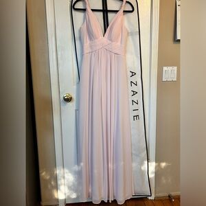 Blush pink Azazie chiffon gown. Grecian style bodice with twisted straps.